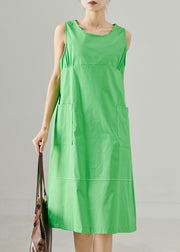 Handmade Green Oversized Pockets Cotton Tea Dresses Sleeveless