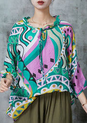 Handmade Green Oversized Print Linen Shirt Tops Summer