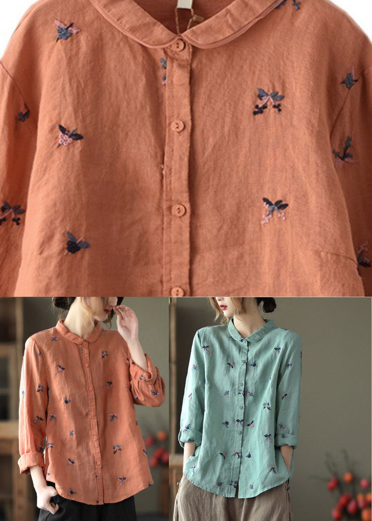 Handmade Green Peter Pan Collar Embroideried Linen Shirts Long Sleeve