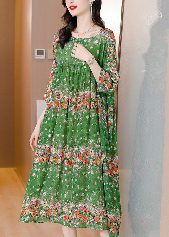 Handmade Green Print Wrinkled Patchwork Silk Long Dress Long Sleeve