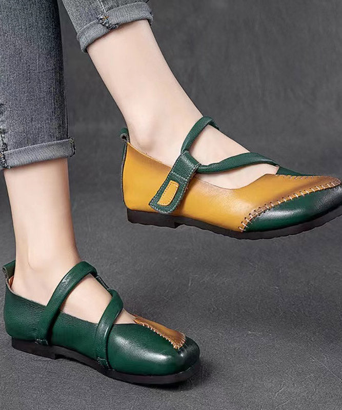 Handmade Green Splicing Buckle Strap Flat Shoes