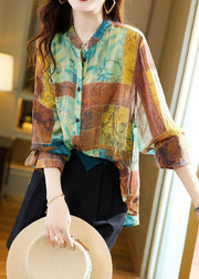 Handmade Green Stand Collar Print Patchwork Cotton Top Long Sleeve