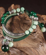 Handmade Green Sterling Silver Jade Agate Cat's Eye Stone Charm Bracelet