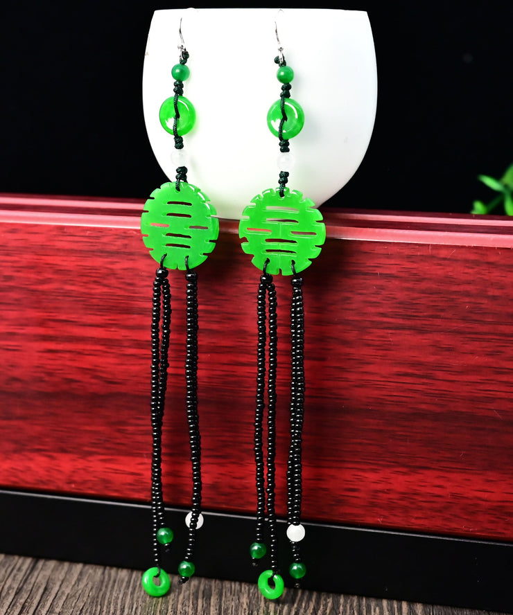 Handmade Green Sterling Silver Jade Tassel Glass Bea Drop Earrings