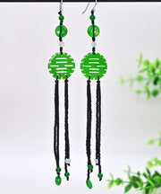 Handmade Green Sterling Silver Jade Tassel Glass Bea Drop Earrings