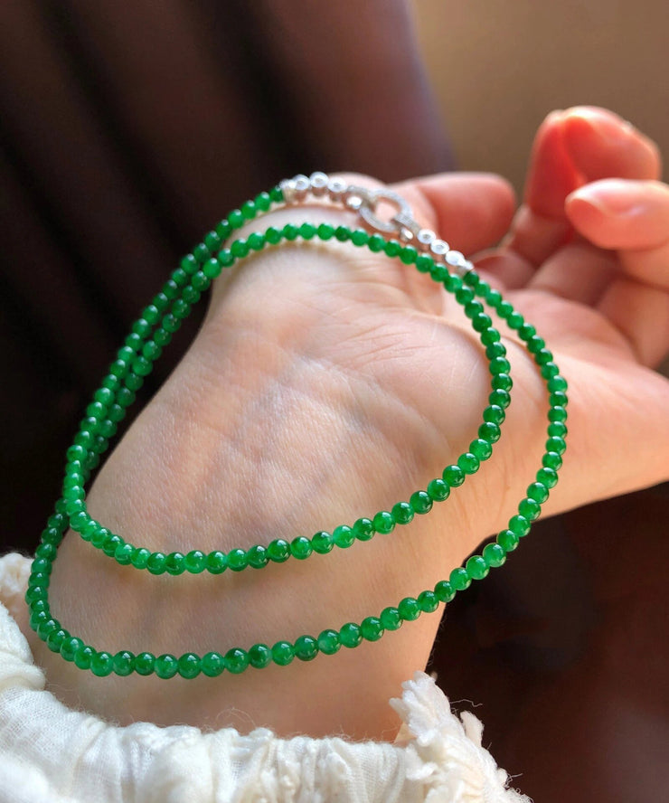 Handmade Green Sterling Silver Zircon Jade Beads Sweater Graduated Bead Necklace