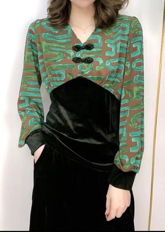 Handmade Green V Neck Patchwork Slim Fit Silk Velour Blouses Spring