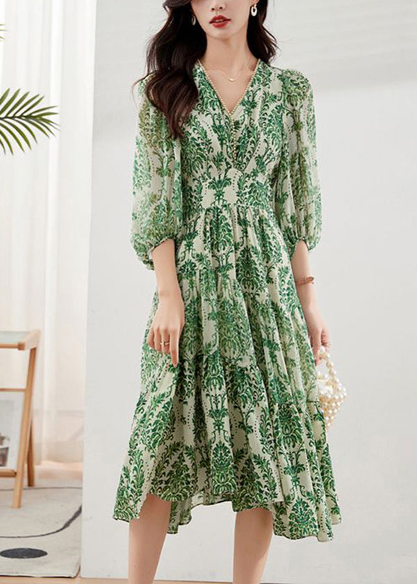 Handmade Green V Neck Print Chiffon Vacation Dresses Bracelet Sleeve