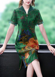 Handmade Green V Neck Print Slim Fit Silk Long Dress Summer