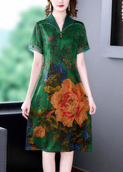 Handmade Green V Neck Print Slim Fit Silk Long Dress Summer