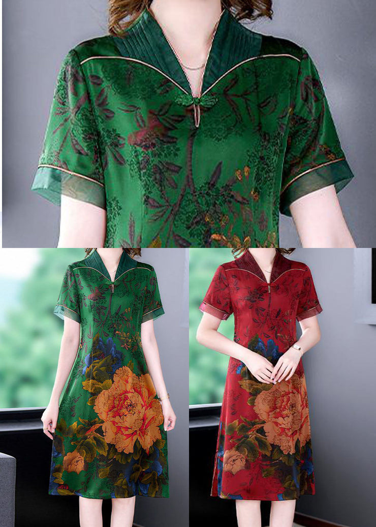 Handmade Green V Neck Print Slim Fit Silk Long Dress Summer