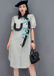 Handmade Grey Asymmetrical Design Ruffled Patchwork Plaid Robe Dresses Short Sleeve