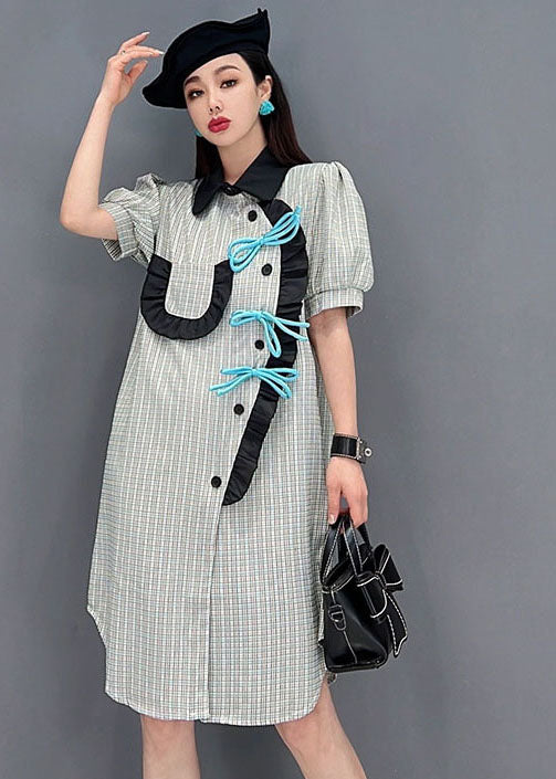 Handmade Grey Asymmetrical Design Ruffled Patchwork Plaid Robe Dresses Short Sleeve