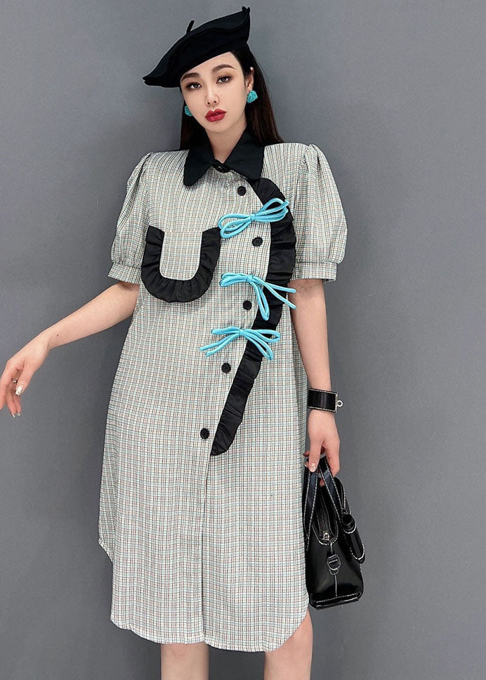 Handmade Grey Asymmetrical Design Ruffled Patchwork Plaid Robe Dresses Short Sleeve