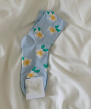 Handmade Grey Blue Floral Cotton Ankle Socks