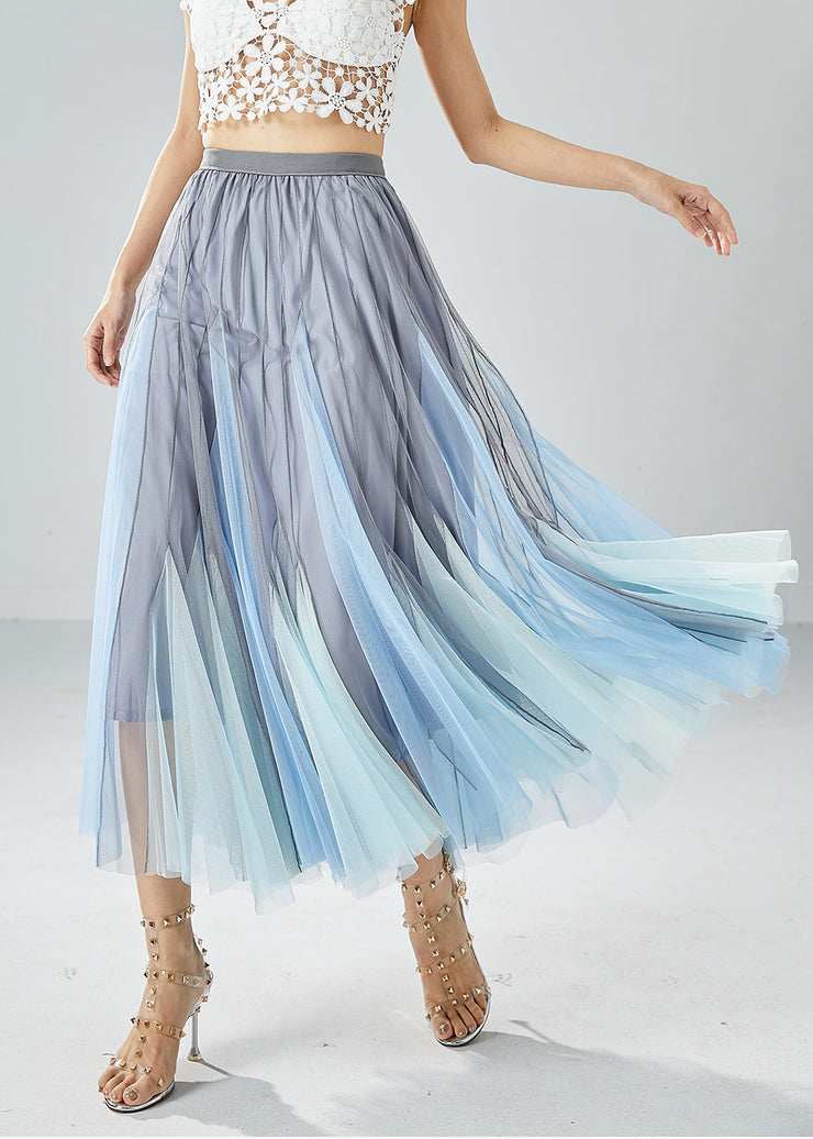 Handmade Grey Blue High Waist Patchwork Tulle Pleated Skirt Summer