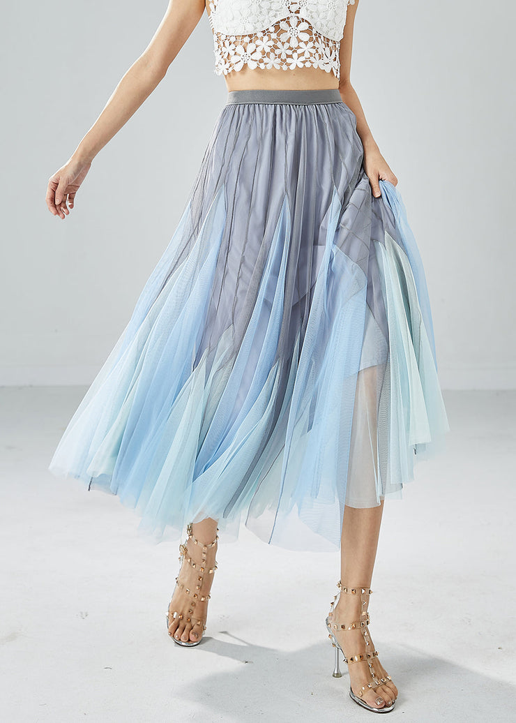 Handmade Grey Blue High Waist Patchwork Tulle Pleated Skirt Summer