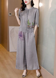 Handmade Grey Embroideried Patchwork Linen Two Pieces Set Summer