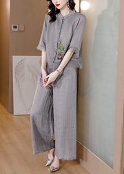 Handmade Grey Embroideried Patchwork Linen Two Pieces Set Summer