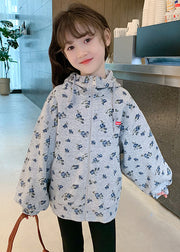 Handmade Grey Graphic Drawstring Kids Hooded Coat Fall