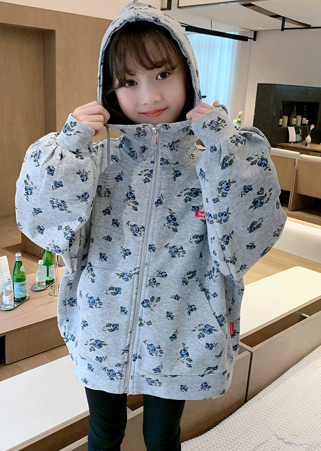 Handmade Grey Graphic Drawstring Kids Hooded Coat Fall