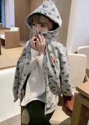 Handmade Grey Graphic Drawstring Kids Hooded Coat Fall