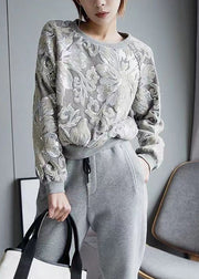 Handmade Grey O-Neck Embroidered Sequins Velour Sweatshirt Fall