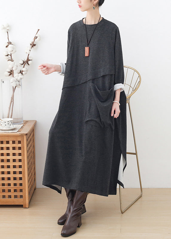 Handmade Grey O-Neck Pockets Patchwork Side Open Cotton Dress Long Sleeve