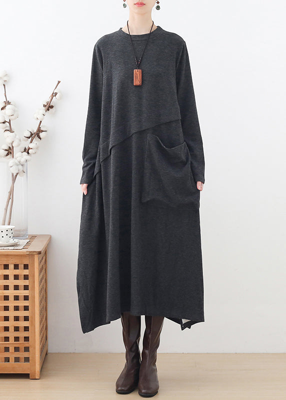 Handmade Grey O-Neck Pockets Patchwork Side Open Cotton Dress Long Sleeve