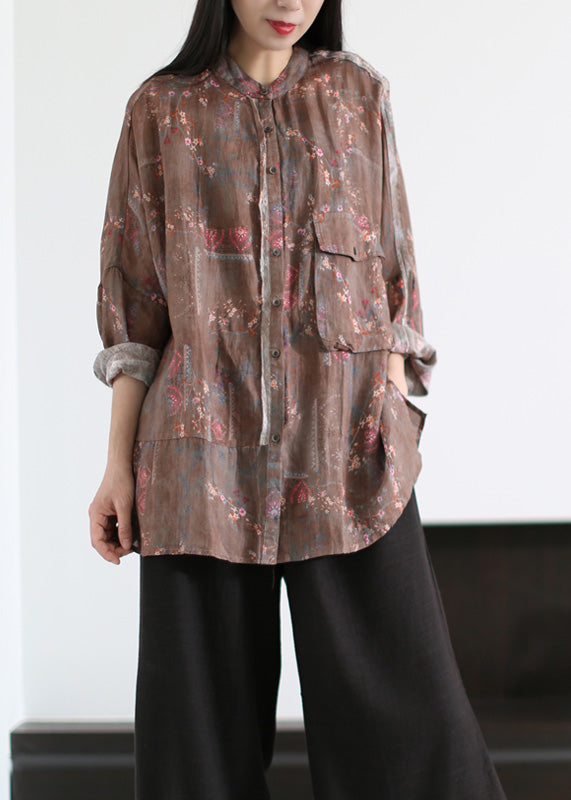 Handmade Grey Print Button Ramie Shirts Long Sleeve