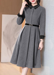 Handmade Grey Turn-down Collar Exra Large Hem Cotton Dresses Long Sleeve