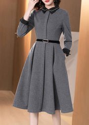 Handmade Grey Turn-down Collar Exra Large Hem Cotton Dresses Long Sleeve