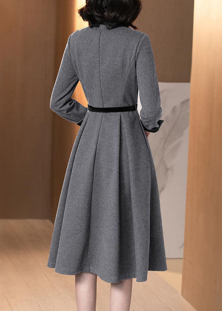 Handmade Grey Turn-down Collar Exra Large Hem Cotton Dresses Long Sleeve