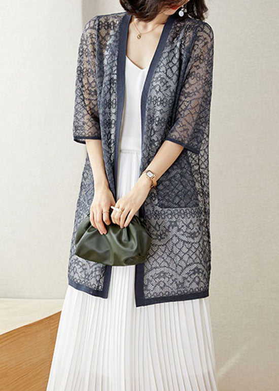 Handmade Grey V Neck Pockets Patchwork Lace Cardigan Summer