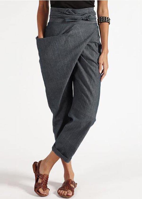 Handmade Grey asymmetrical design High Waist Cotton Harem Summer Pants - bagstylebliss