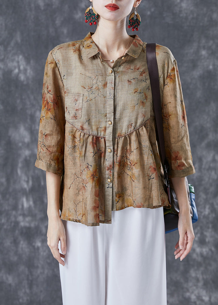 Handmade Khaki Asymmetrical Patchwork Print Linen Shirt Tops Summer