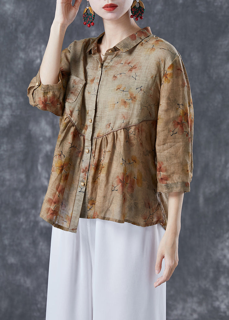 Handmade Khaki Asymmetrical Patchwork Print Linen Shirt Tops Summer