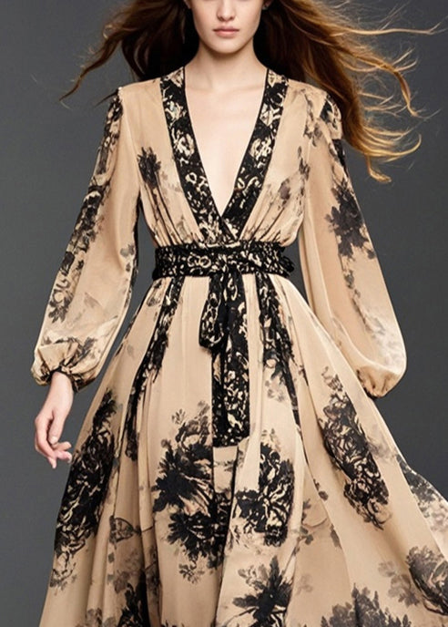 Handmade Khaki Cinched Print Chiffon Long Dresses Fall