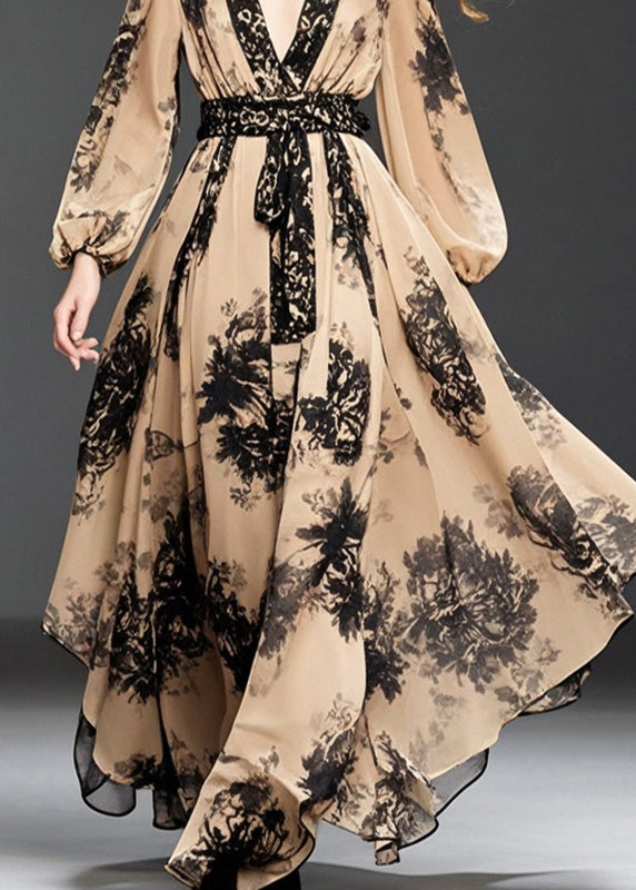 Handmade Khaki Cinched Print Chiffon Long Dresses Fall