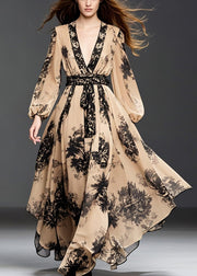 Handmade Khaki Cinched Print Chiffon Long Dresses Fall