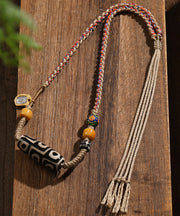 Handmade Khaki Cloisonne Barrel Bead Tassel Lariat Necklace