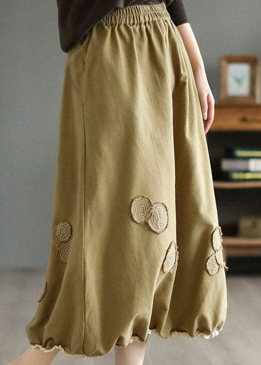 Handmade Khaki Embroideried Elastic Waist Patchwork Cotton Skirts Spring