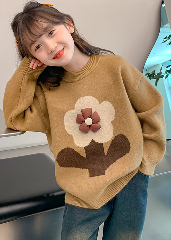 Handmade Khaki Floral Print Cotton Knit Girls Sweaters Winter