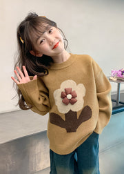 Handmade Khaki Floral Print Cotton Knit Girls Sweaters Winter