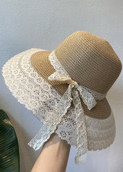 Handmade Khaki Lace Patchwork Bow Straw Woven Floppy Sun Hat