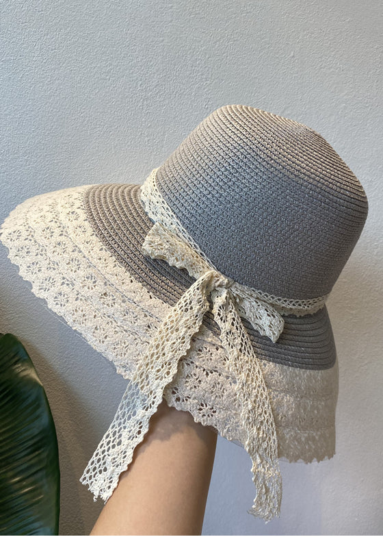 Handmade Khaki Lace Patchwork Bow Straw Woven Floppy Sun Hat