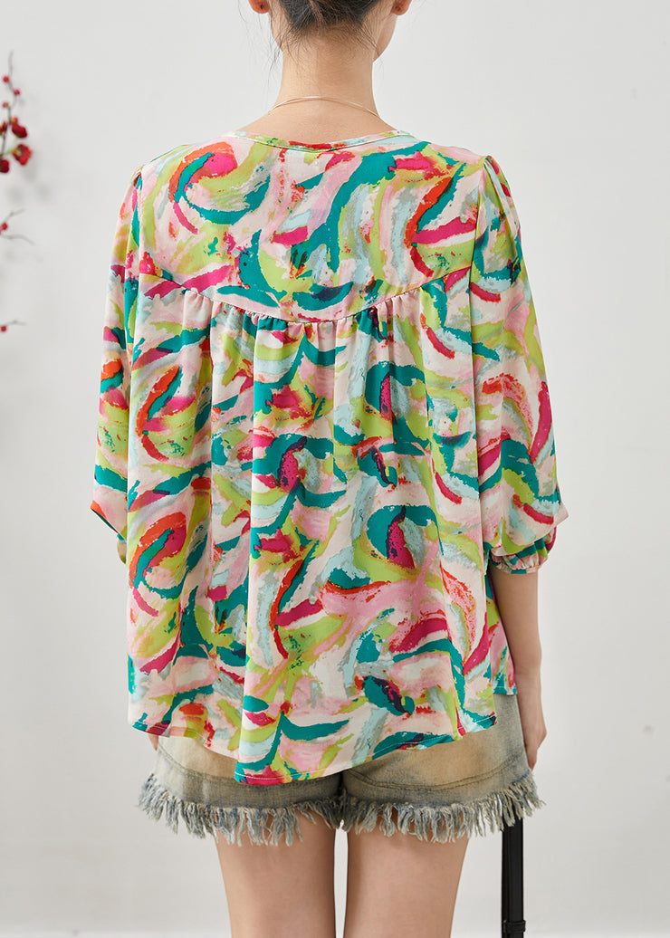 Handmade Khaki Oversized Print Chiffon Blouses Fall