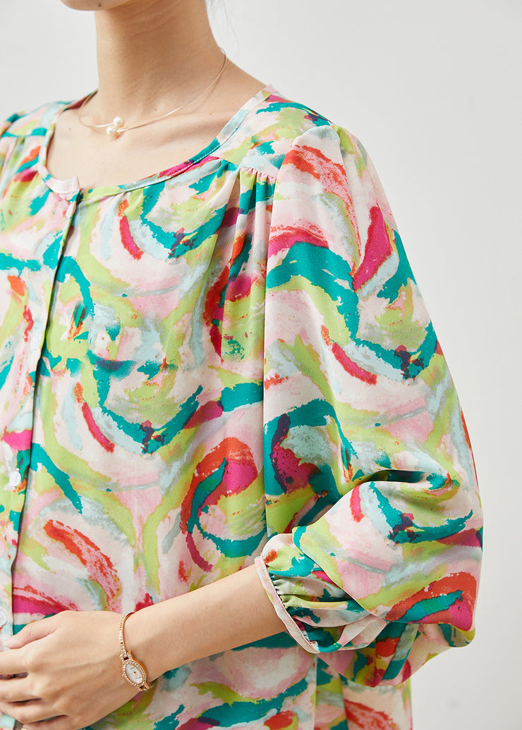 Handmade Khaki Oversized Print Chiffon Blouses Fall