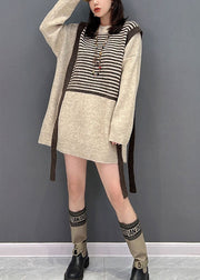 Handmade Khaki Patchwork Striped Knit Long Sweater Winter