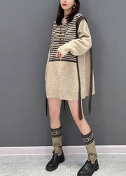 Handmade Khaki Patchwork Striped Knit Long Sweater Winter